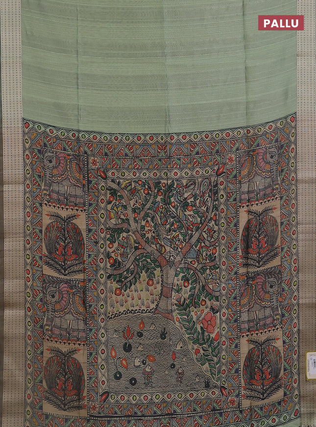 Semi dupion saree pastel green with plain body and madhubani printed pallu & kantha stitch work