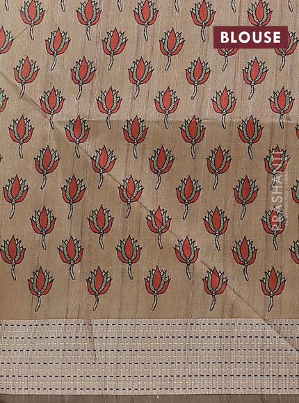Semi dupion saree pastel green with plain body and madhubani printed pallu & kantha stitch work