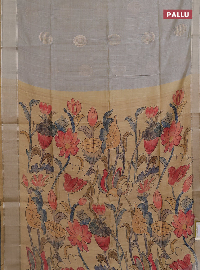 Semi dupion saree pastel grey with zari woven buttas and madhubani printed pallu & blouse