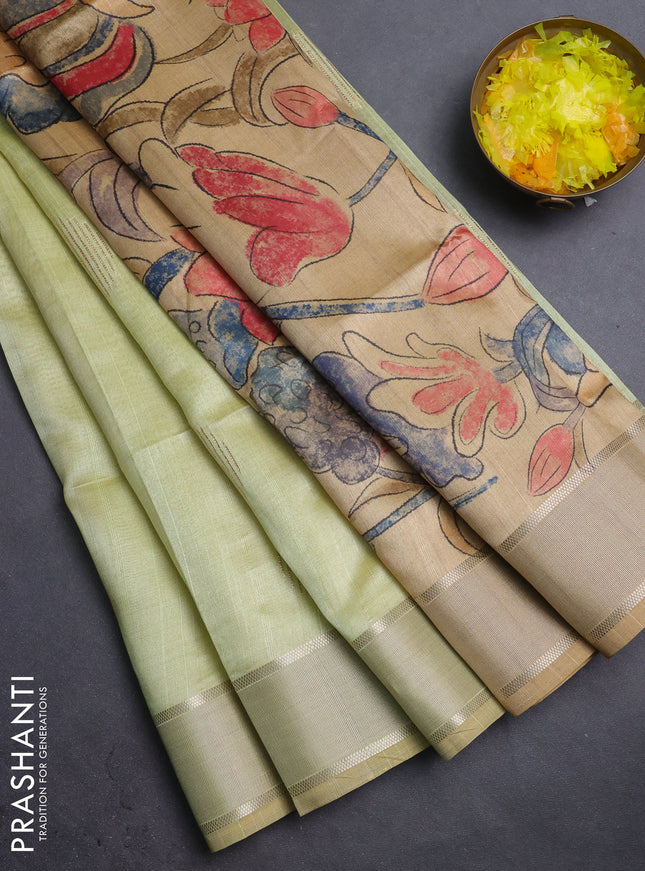 Semi dupion saree pale yellow with zari woven buttas and madhubani printed pallu & blouse