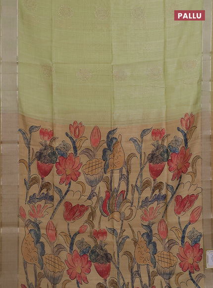 Semi dupion saree pale yellow with zari woven buttas and madhubani printed pallu & blouse