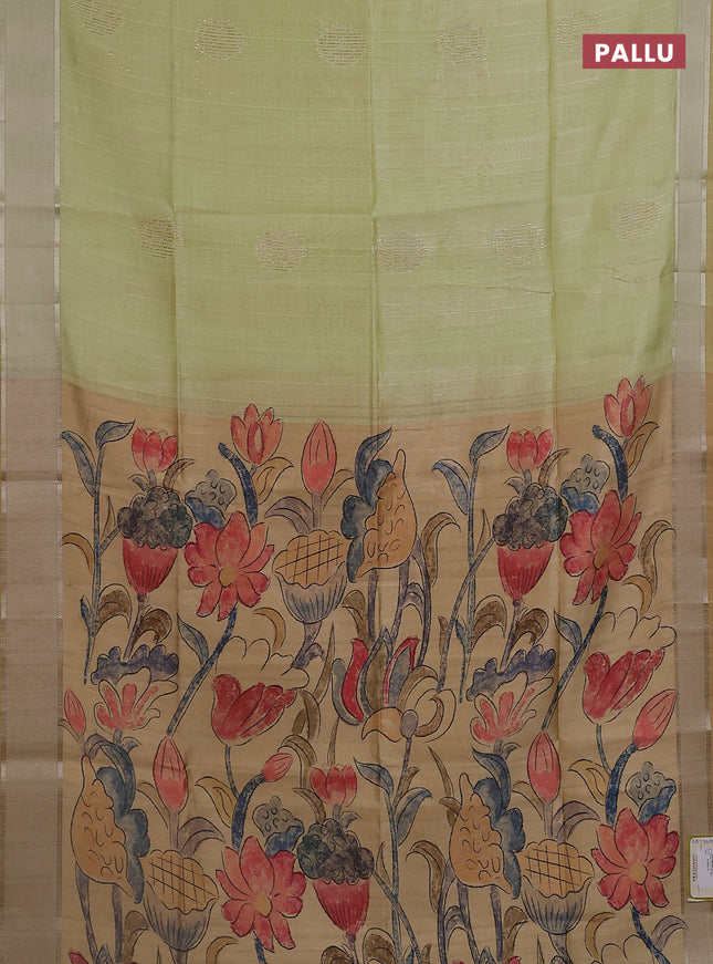 Semi dupion saree pale yellow with zari woven buttas and madhubani printed pallu & blouse