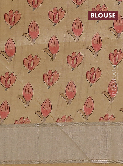 Semi dupion saree pale yellow with zari woven buttas and madhubani printed pallu & blouse