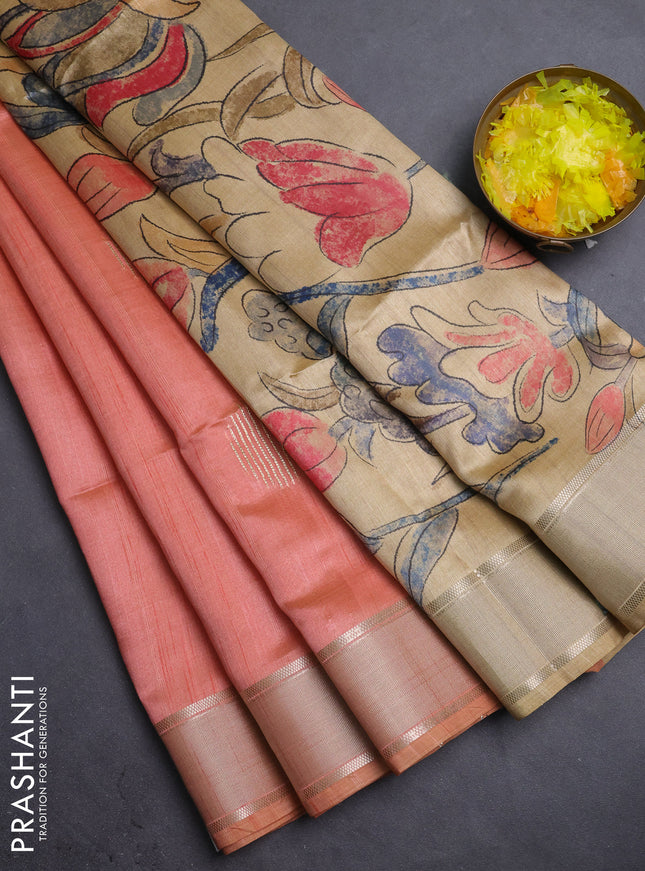 Semi dupion saree pale orange with zari woven buttas and madhubani printed pallu & blouse