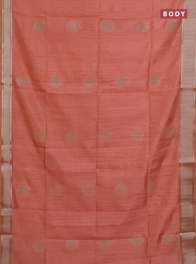 Semi dupion saree pale orange with zari woven buttas and madhubani printed pallu & blouse
