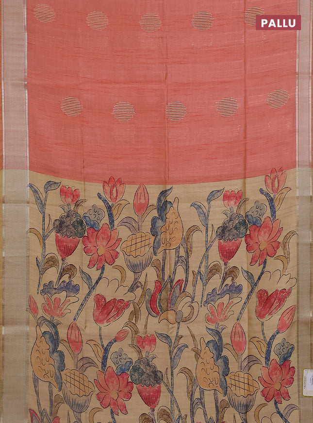 Semi dupion saree pale orange with zari woven buttas and madhubani printed pallu & blouse