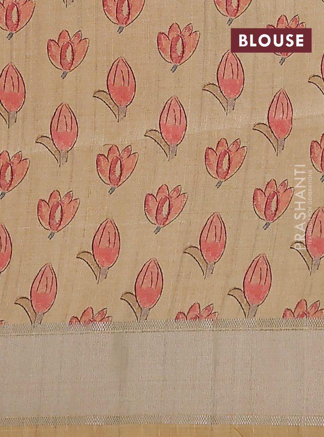 Semi dupion saree pale orange with zari woven buttas and madhubani printed pallu & blouse