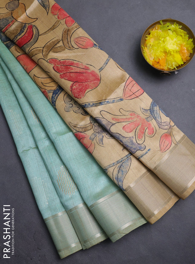 Semi dupion saree teal green with zari woven buttas and madhubani printed pallu & blouse