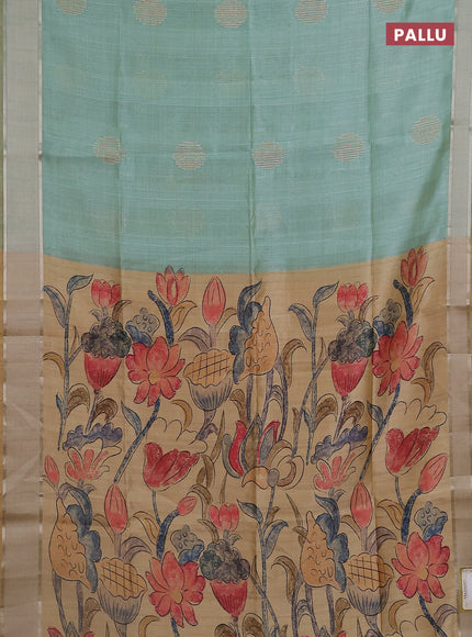 Semi dupion saree teal green with zari woven buttas and madhubani printed pallu & blouse