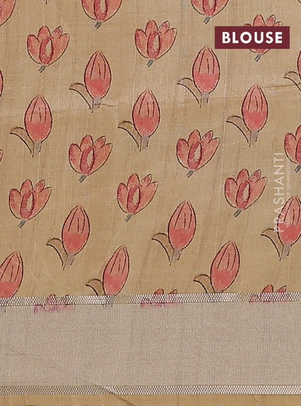 Semi dupion saree sandal with zari woven buttas and madhubani printed pallu & blouse