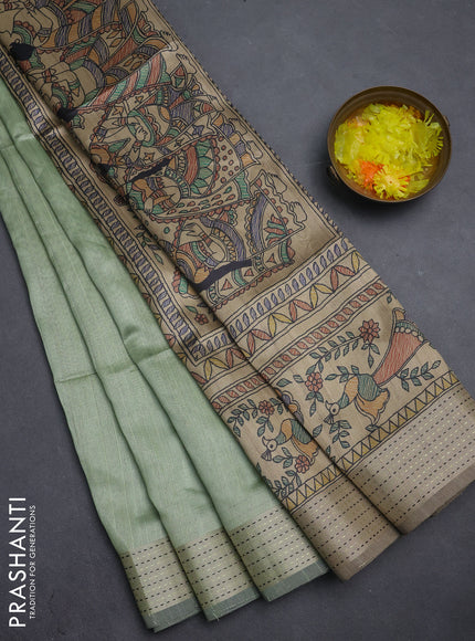 Semi dupion saree light green with plain body and madhubani printed pallu & kantha stitch work