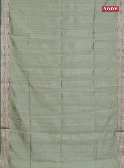 Semi dupion saree light green with plain body and madhubani printed pallu & kantha stitch work