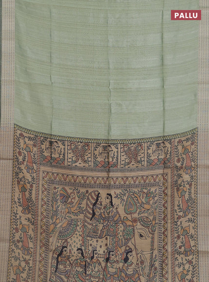 Semi dupion saree light green with plain body and madhubani printed pallu & kantha stitch work