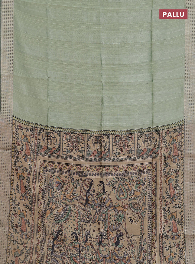 Semi dupion saree light green with plain body and madhubani printed pallu & kantha stitch work