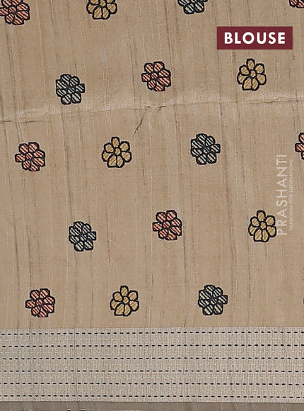 Semi dupion saree light green with plain body and madhubani printed pallu & kantha stitch work