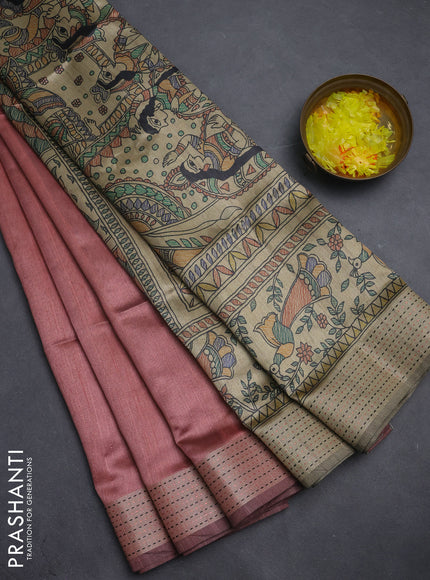 Semi dupion saree pastel maroon with plain body and madhubani printed pallu & kantha stitch work