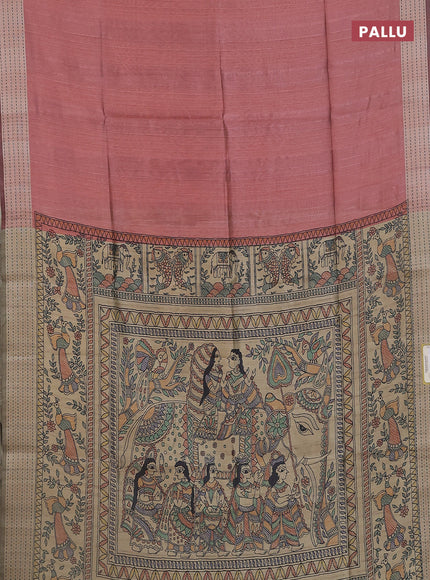 Semi dupion saree pastel maroon with plain body and madhubani printed pallu & kantha stitch work