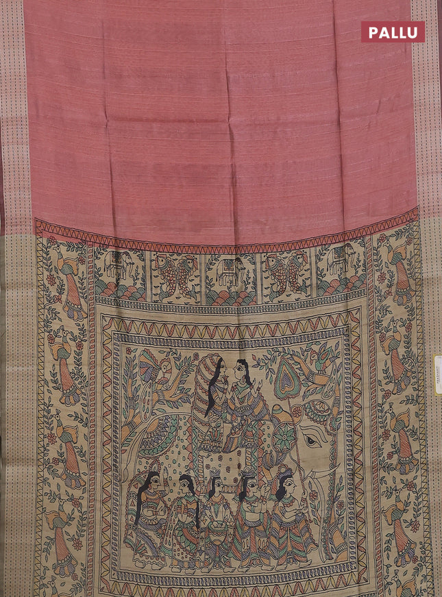 Semi dupion saree pastel maroon with plain body and madhubani printed pallu & kantha stitch work