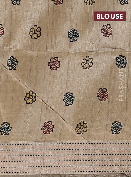 Semi dupion saree pastel maroon with plain body and madhubani printed pallu & kantha stitch work