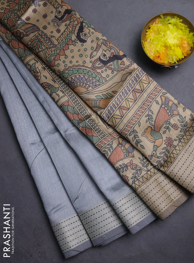 Semi dupion saree pastel grey with plain body and madhubani printed pallu & kantha stitch work