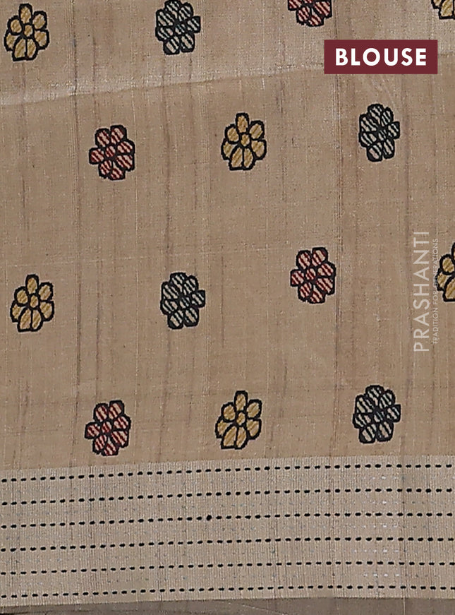 Semi dupion saree pastel grey with plain body and madhubani printed pallu & kantha stitch work