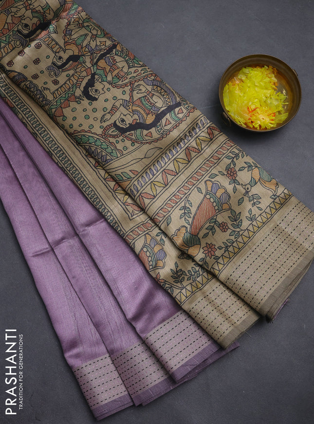 Semi dupion saree purple with plain body and madhubani printed pallu & kantha stitch work