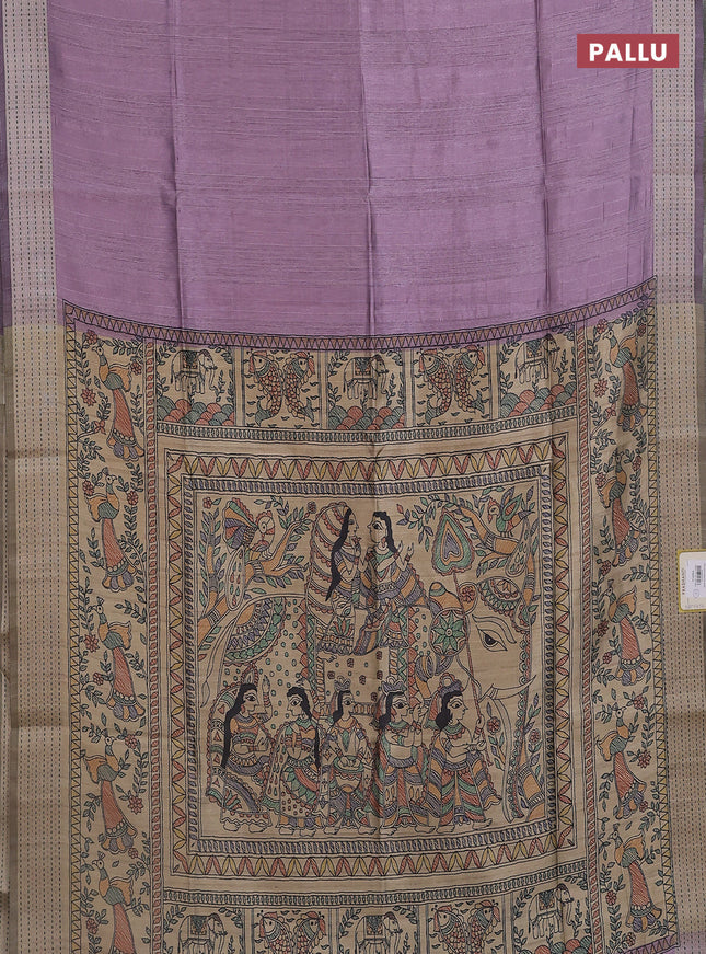 Semi dupion saree purple with plain body and madhubani printed pallu & kantha stitch work