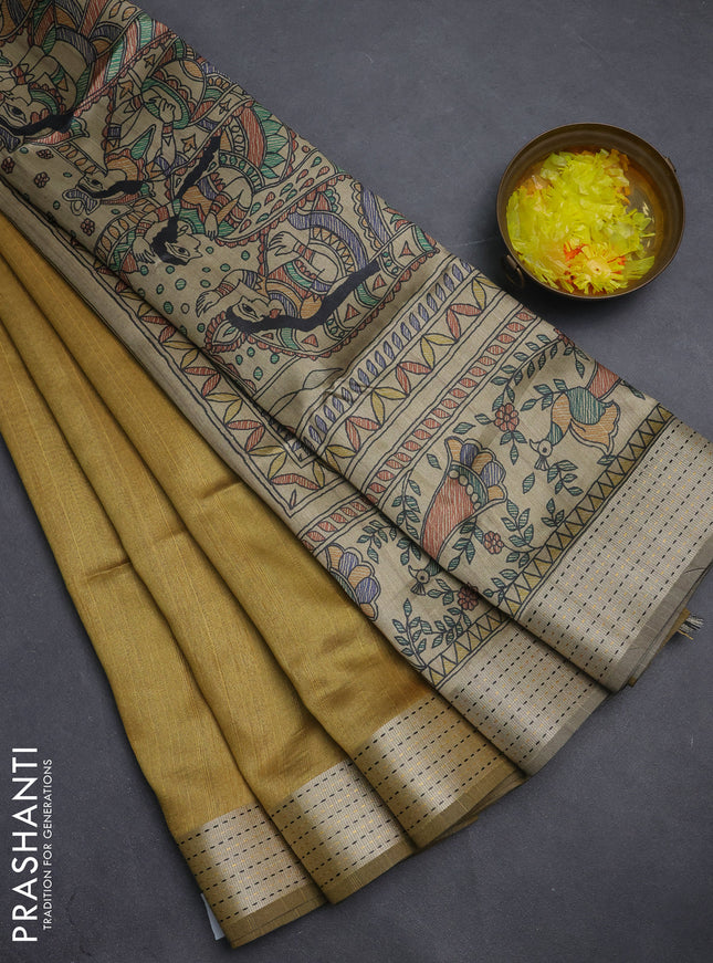 Semi dupion saree dark mustard with plain body and madhubani printed pallu & kantha stitch work