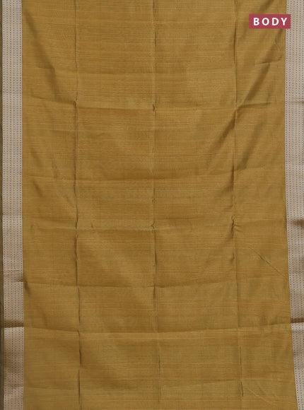 Semi dupion saree dark mustard with plain body and madhubani printed pallu & kantha stitch work