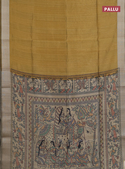 Semi dupion saree dark mustard with plain body and madhubani printed pallu & kantha stitch work