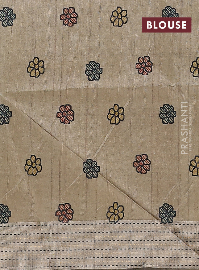 Semi dupion saree dark mustard with plain body and madhubani printed pallu & kantha stitch work