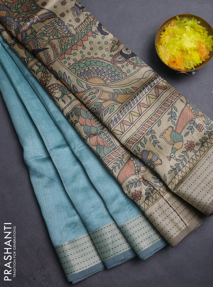Semi dupion saree teal blue with plain body and madhubani printed pallu & kantha stitch work