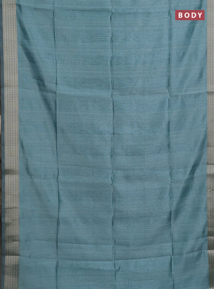 Semi dupion saree teal blue with plain body and madhubani printed pallu & kantha stitch work