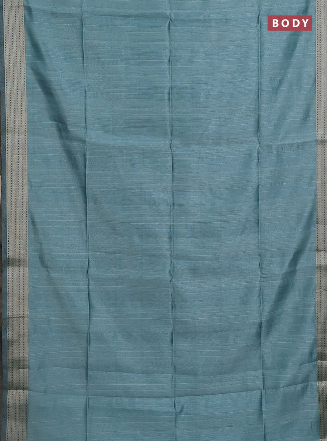 Semi dupion saree teal blue with plain body and madhubani printed pallu & kantha stitch work