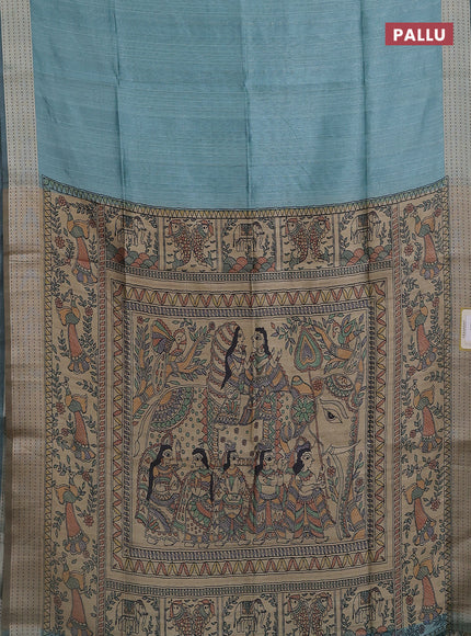 Semi dupion saree teal blue with plain body and madhubani printed pallu & kantha stitch work