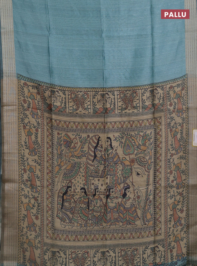 Semi dupion saree teal blue with plain body and madhubani printed pallu & kantha stitch work