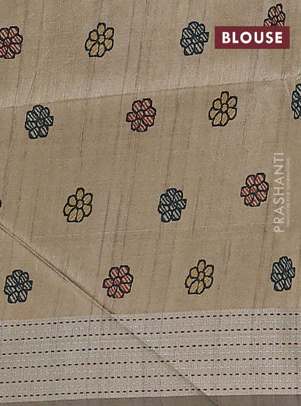 Semi dupion saree teal blue with plain body and madhubani printed pallu & kantha stitch work