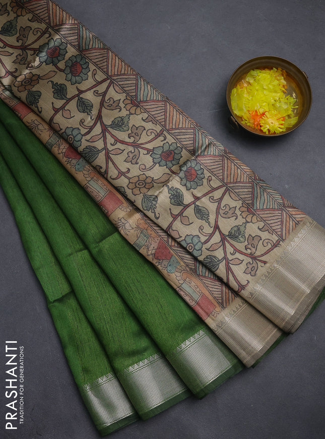 Semi dupion saree green with plain body and madhubani printed pallu & blouse