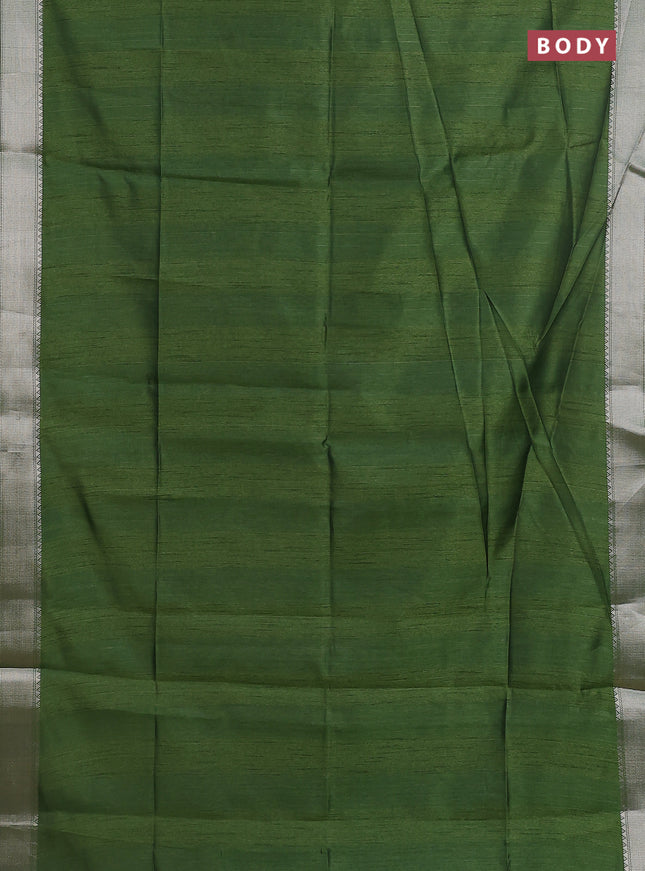 Semi dupion saree green with plain body and madhubani printed pallu & blouse