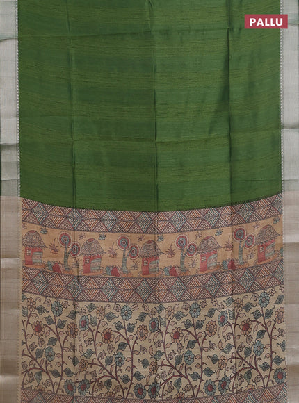 Semi dupion saree green with plain body and madhubani printed pallu & blouse