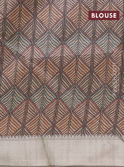 Semi dupion saree green with plain body and madhubani printed pallu & blouse