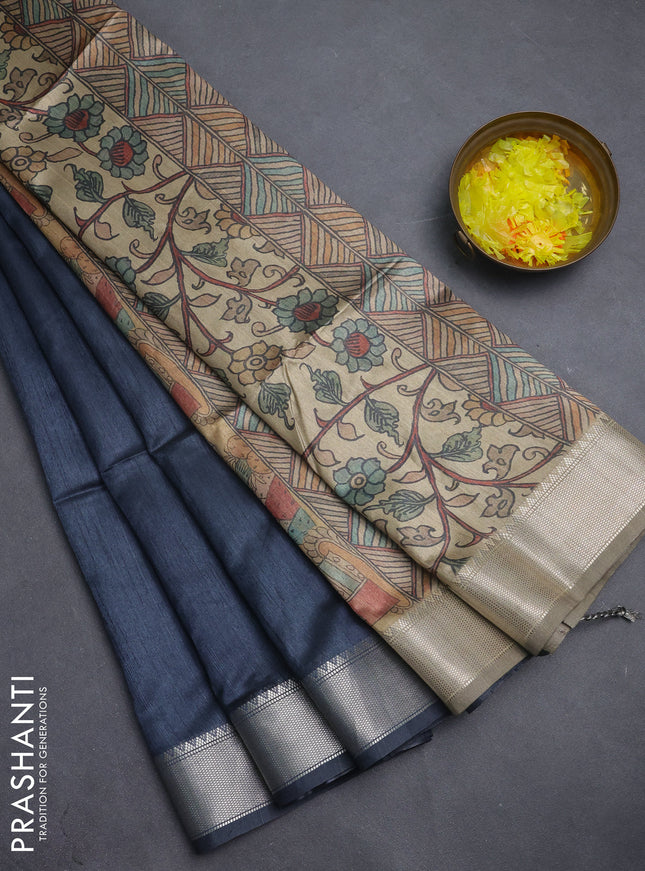 Semi dupion saree grey with plain body and madhubani printed pallu & blouse