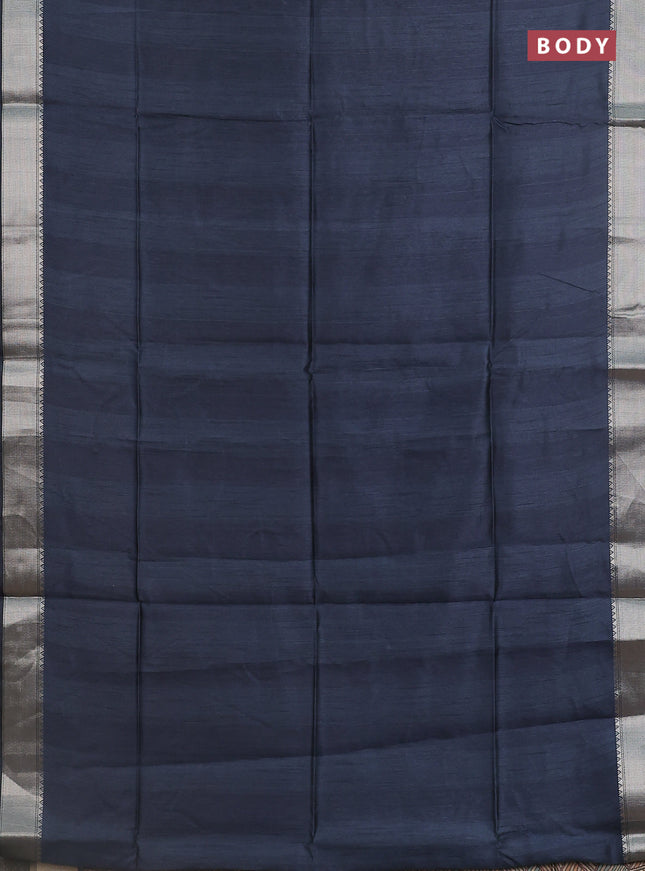 Semi dupion saree grey with plain body and madhubani printed pallu & blouse