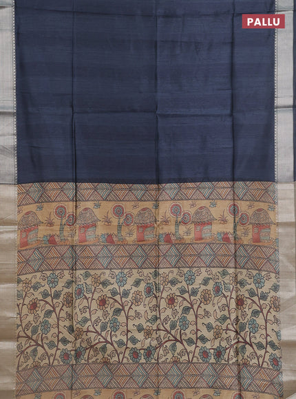 Semi dupion saree grey with plain body and madhubani printed pallu & blouse