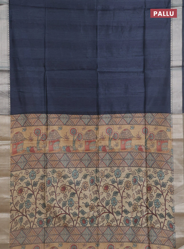 Semi dupion saree grey with plain body and madhubani printed pallu & blouse