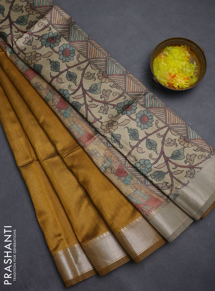 Semi dupion saree dark mustard with plain body and madhubani printed pallu & blouse