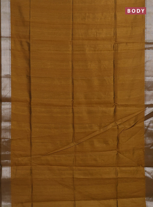 Semi dupion saree dark mustard with plain body and madhubani printed pallu & blouse