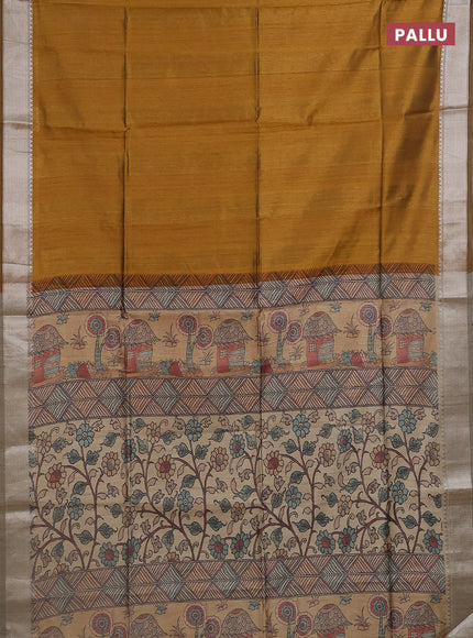 Semi dupion saree dark mustard with plain body and madhubani printed pallu & blouse