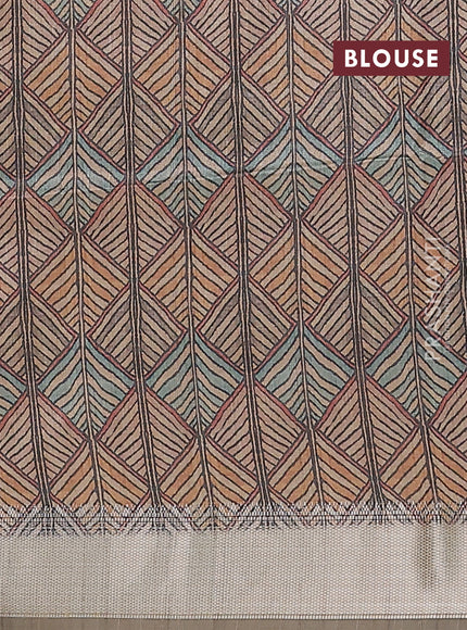 Semi dupion saree dark mustard with plain body and madhubani printed pallu & blouse