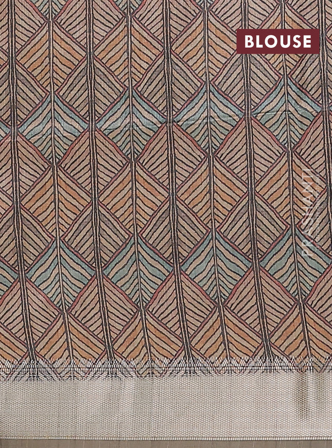 Semi dupion saree dark mustard with plain body and madhubani printed pallu & blouse